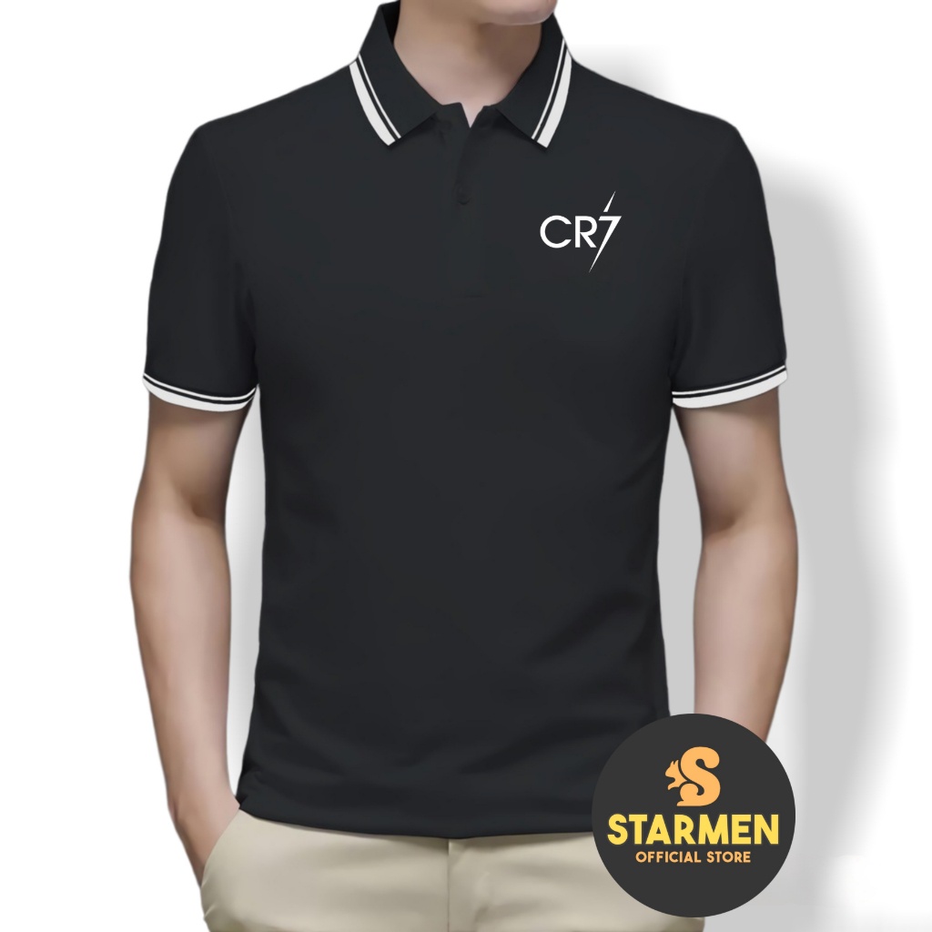 Kaos Polo Shirt Pria Kerah List Putih logo CR7