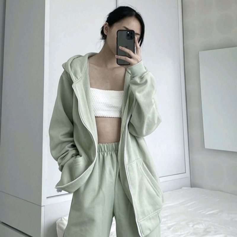 Jaket Hoodie Polos Resleting Warna Pastel Zipper Wanita &amp; Pria Distro Oversize Carla