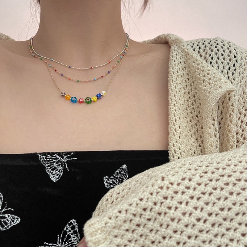 Kalung Rantai Tulang Selangka Desain Manik-Manik Bunga Warna Pelangi Gaya Korea Untuk Wanita