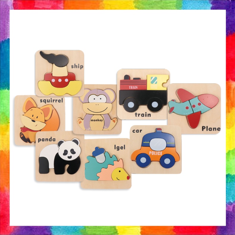 Leo & Friends Mainan Edukasi Kayu Anak Montessori Mini Vehicle/Zoo Animals Puzzle Wooden Toy Set