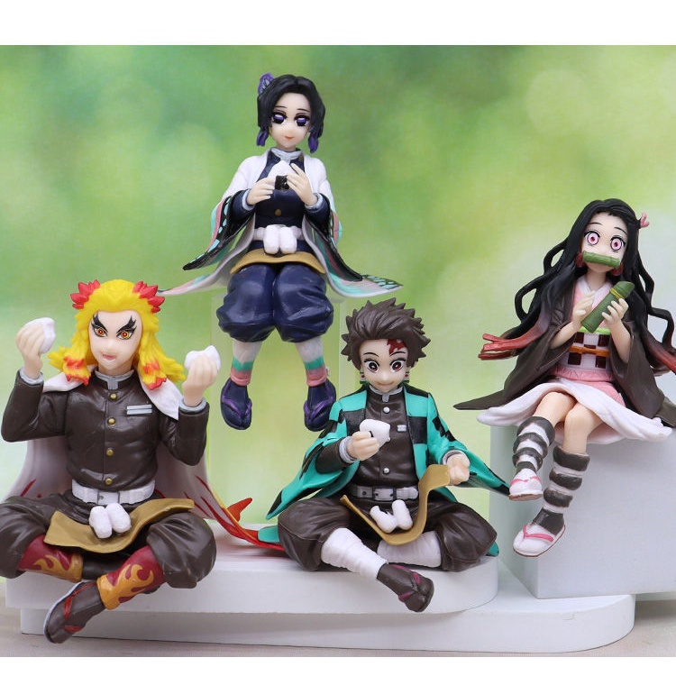 Mainan Action Figure Anime Demon Slayer Nezuko Tanjirou Shinobu Zenitsu Hashibira Inosuke Eat Rice Ball Kimetsu No Yaiba Bahan PVC