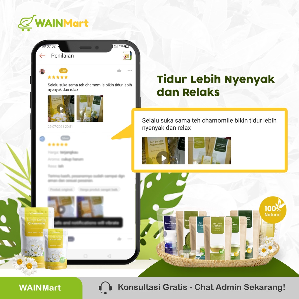 Teh Bunga Chamomile Teh Relaksasi Anti Insomnia, Gangguan Pencernaan dan kaya Antioksidan 50g