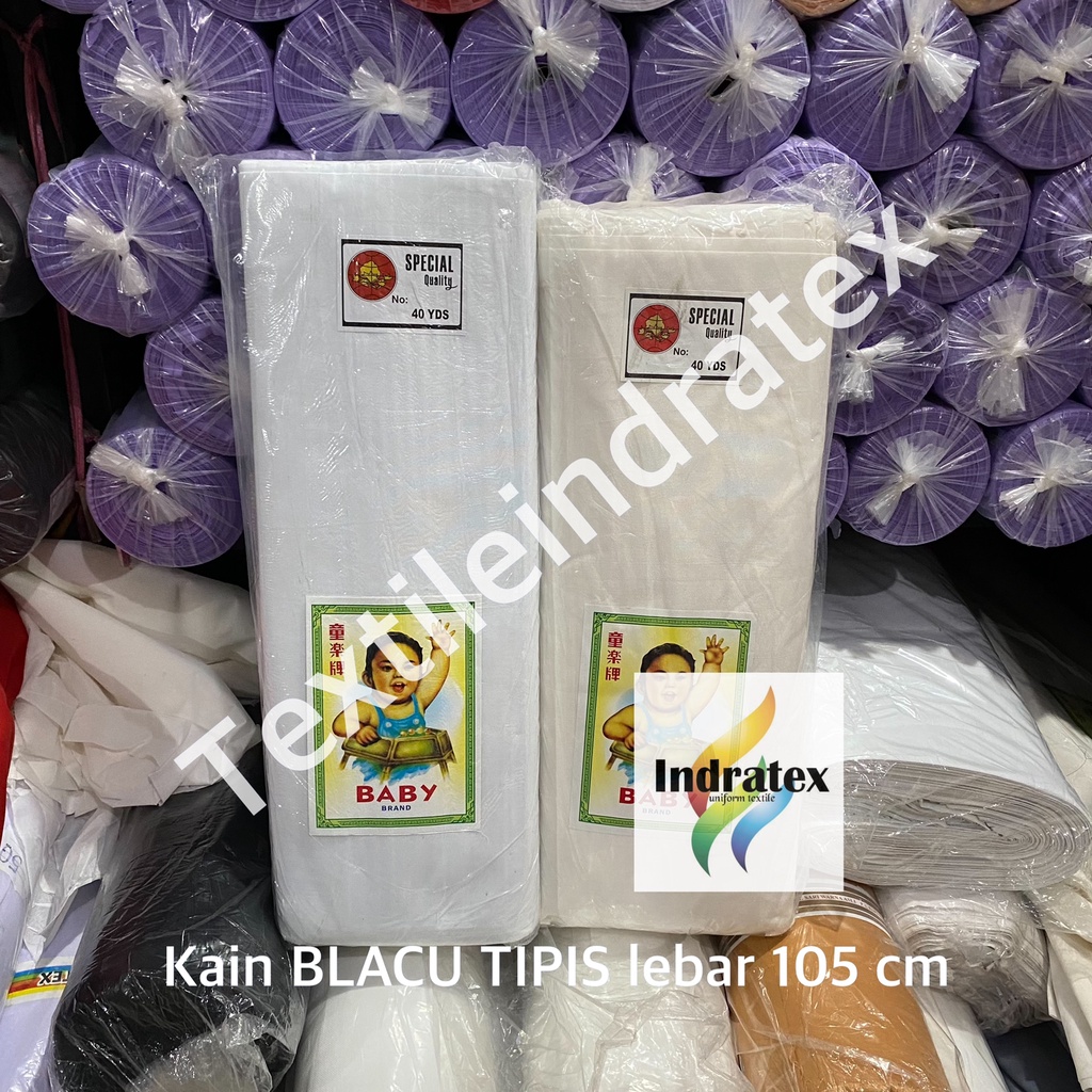 ( per setengah meter ) KAIN BELACU TIPIS cap BABY BLACU LEBAR 105 CM warna putih ECERAN BAHAN KANTONG SOVENIR LAPISAN FURNITURE