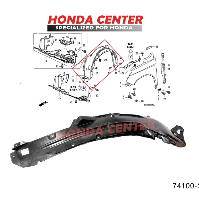 inner linner fender spakbor dalam atas ban slebor depan kiri kanan honda crv re gen3 2007 2008 2009 2010 2011 2012