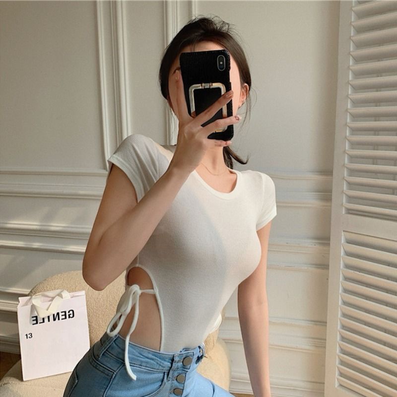 ☂Suhao Chic Hong Kong Rasa Sexy Hollow T-shirt Wanita Musim Panas Baru Budidaya Diri Elastis Jumpsuit Pakaian All-Match Strappy top