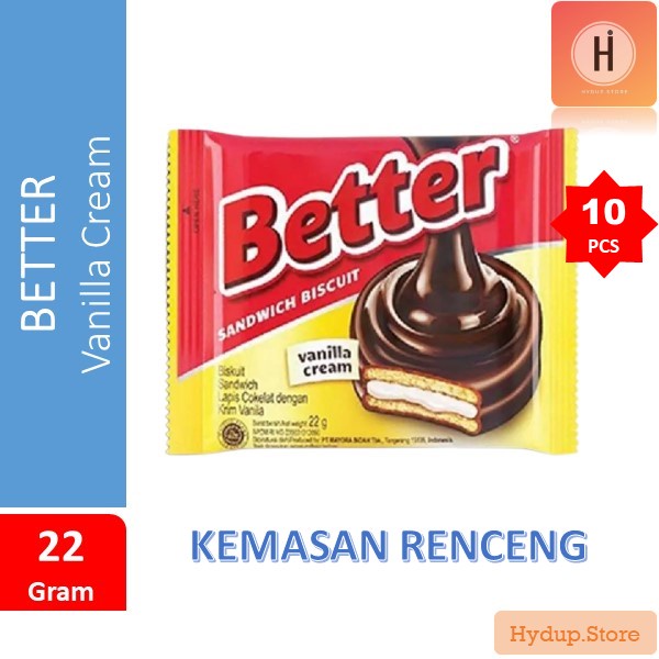 

Better Sandwich Biscuit Vanilla Cream Renceng Kemasan 22 Gr