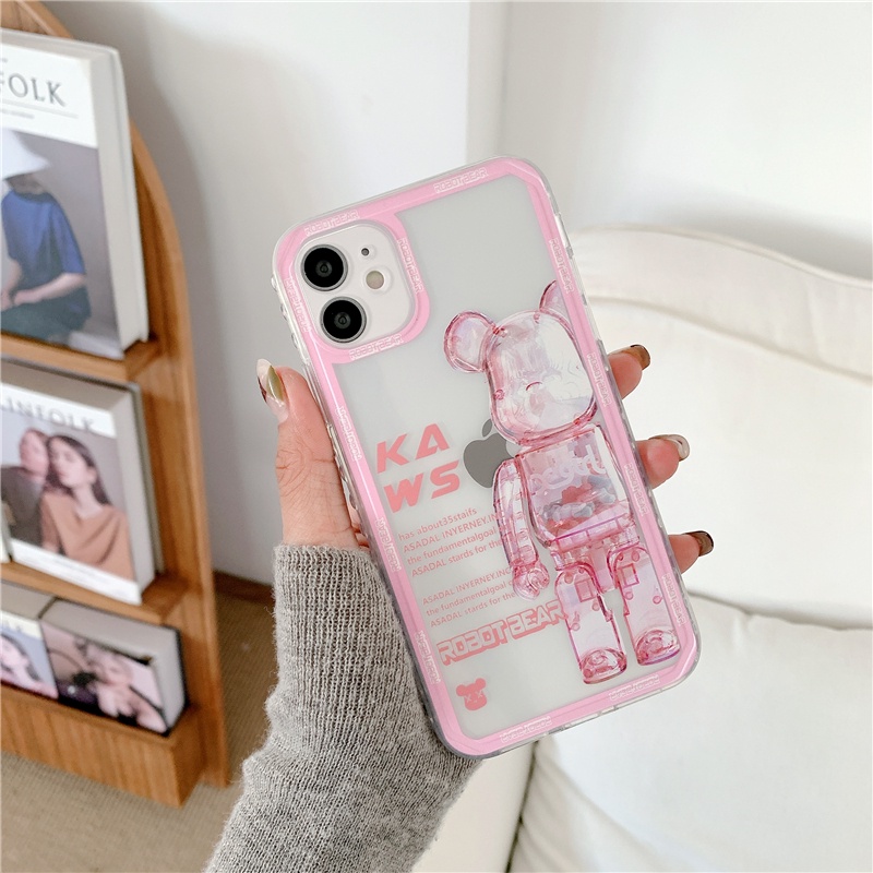 IPHONE Fashion Wave Violent Bear Transparan Phone Case Kompatibel Untuk Iphone13 12 11 Pro Max X Xs XR Frosted Edge Shock Resistant Lembut TPU Back Cover