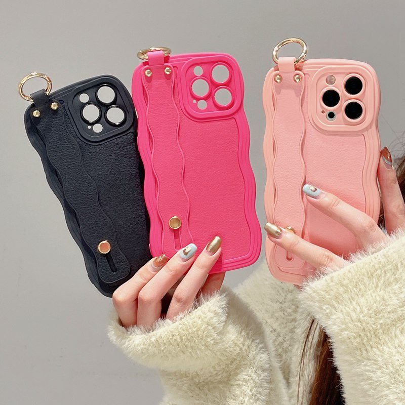 Wave Wrist strap Tali Kulit SoftCase iPhone 6S 78 Plus XR XS Max 11 12 13 14 Pro Max14 Plus Melindungi Casing Ponsel Kelinci Lucu Beruang Pink