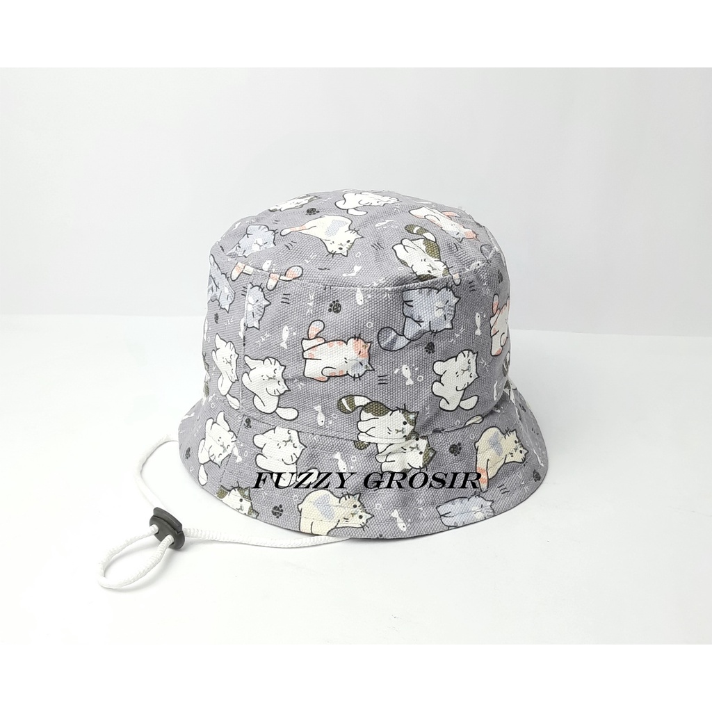 Topi Bucket Anak dan Balita Gambar Kucing Lucu Bahan Kanvas Premium Dengan Tali Perkiraan Usia 1-5 Tahun