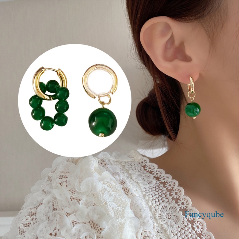 Fancyqube The Green Beads Anting Logam Gaya Eropa Dan Amerika Hip-Hop Punk Kepribadian Fashion Stud Earrings
