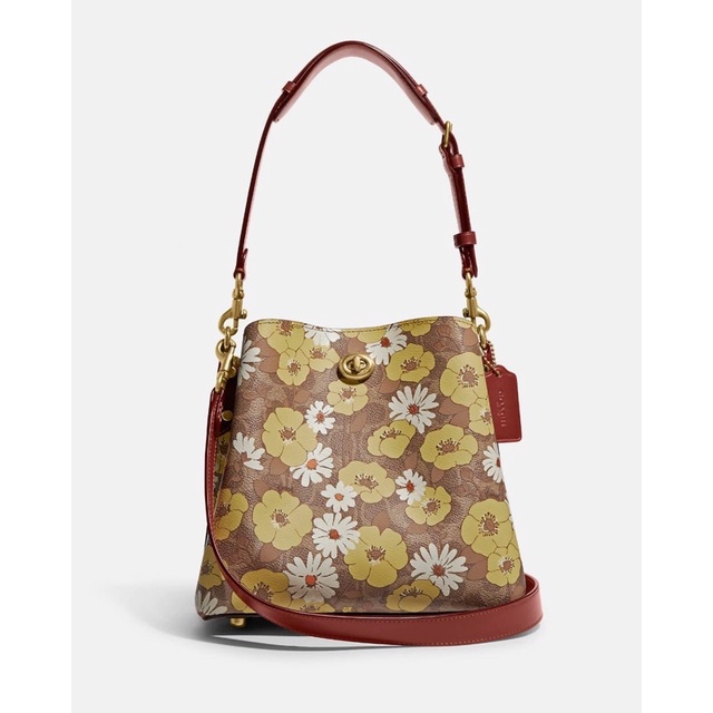Tas Wanita Coach Signature Willow Floral Bucket Bag Tan Rust Multi C9722 New Authentic