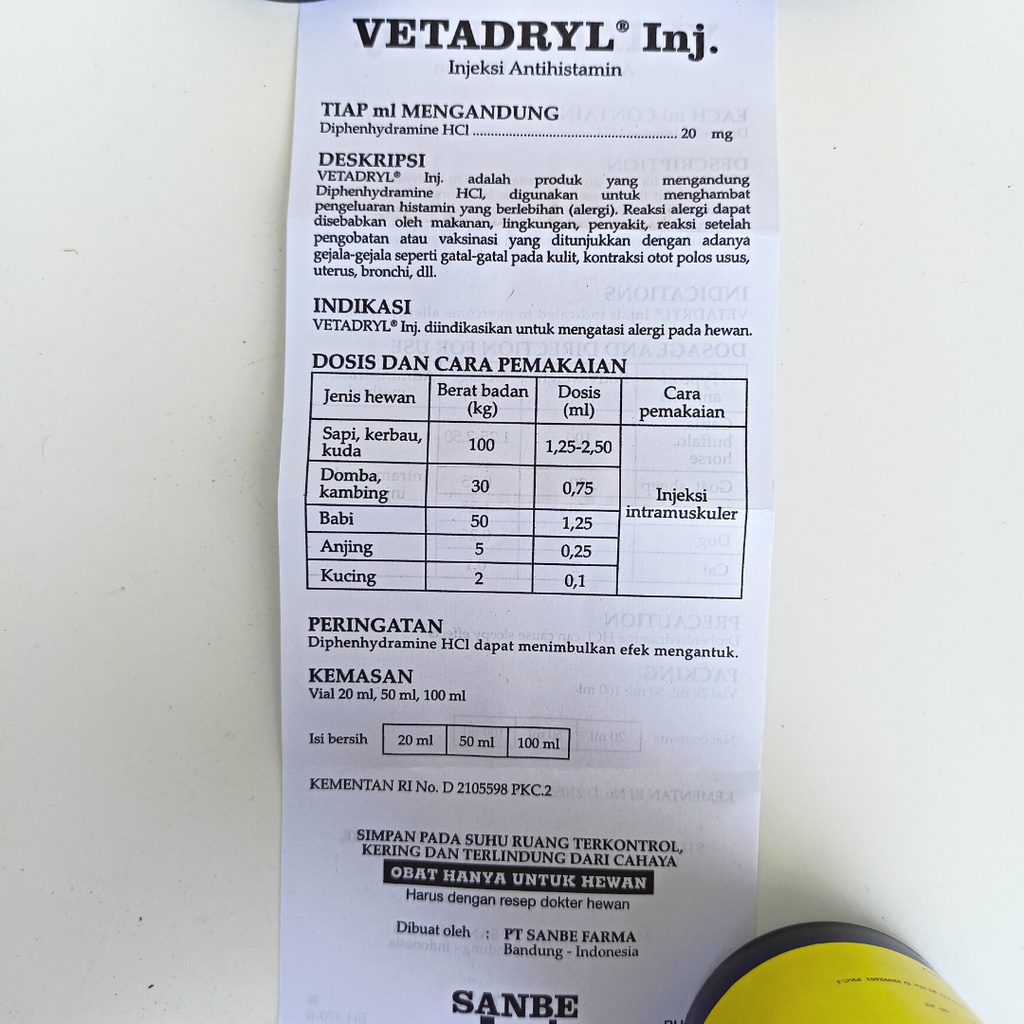 VETADRYL Injeksi | Obat Alergi Makanan Lingkungan Obat Pada Ternak Sapi Kambing Anjing Kucing | SANBE | Apoternak