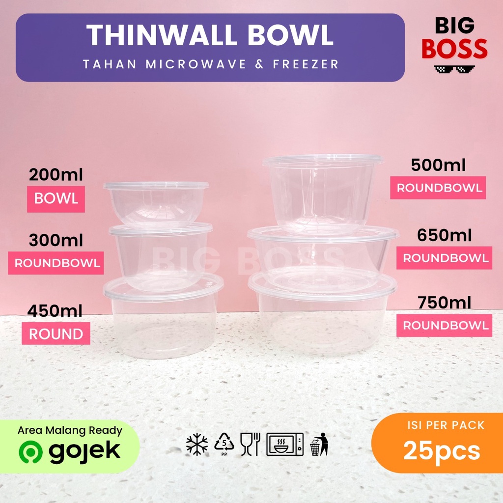 [ISI 25PCS] Thinwall Bowl 200ml 300ml 450ml 500ml 650ml 750ml Food Grade / Mangkuk Bulat Plastik / Mangkok Plastik / Food Container Bowl PREMIUM MURAH