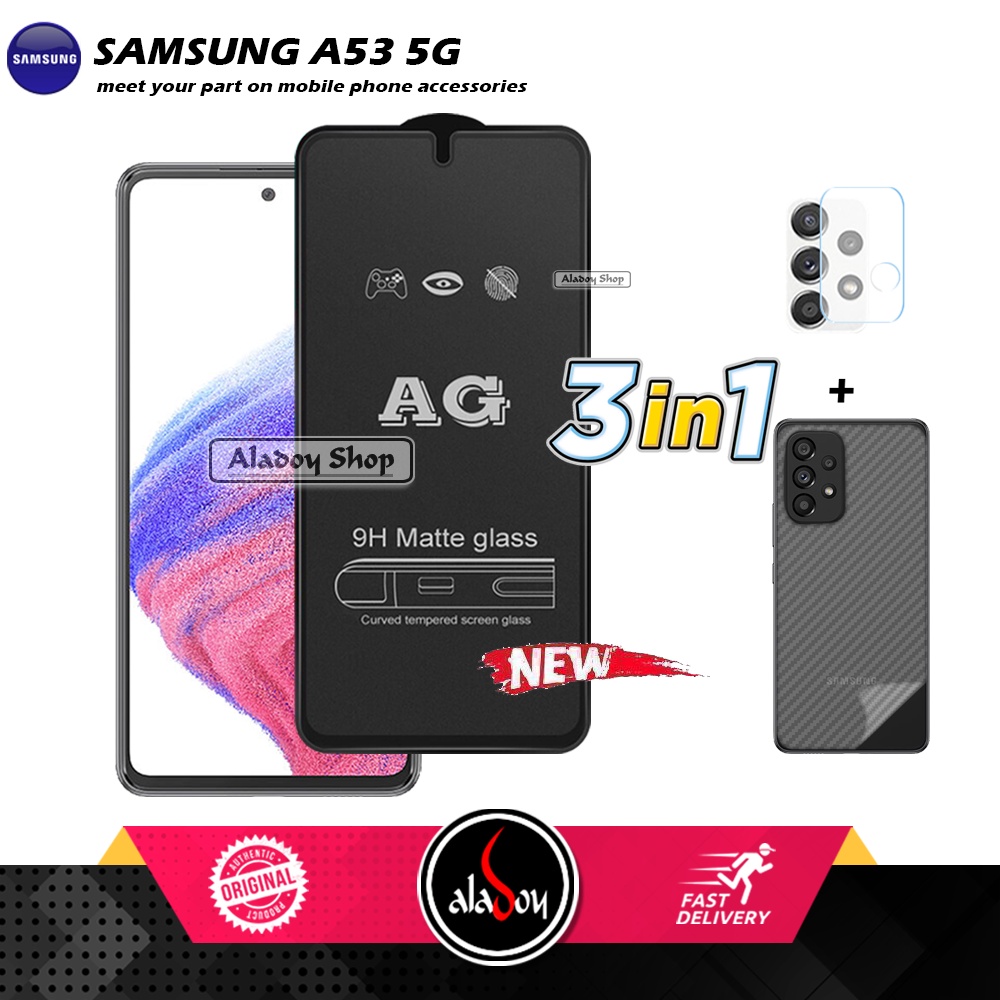 Paket 3IN1 Tempered Glass Layar Matte Anti Glare Samsung A53 5G Free Tempered Glass Camera dan Skin Carbon