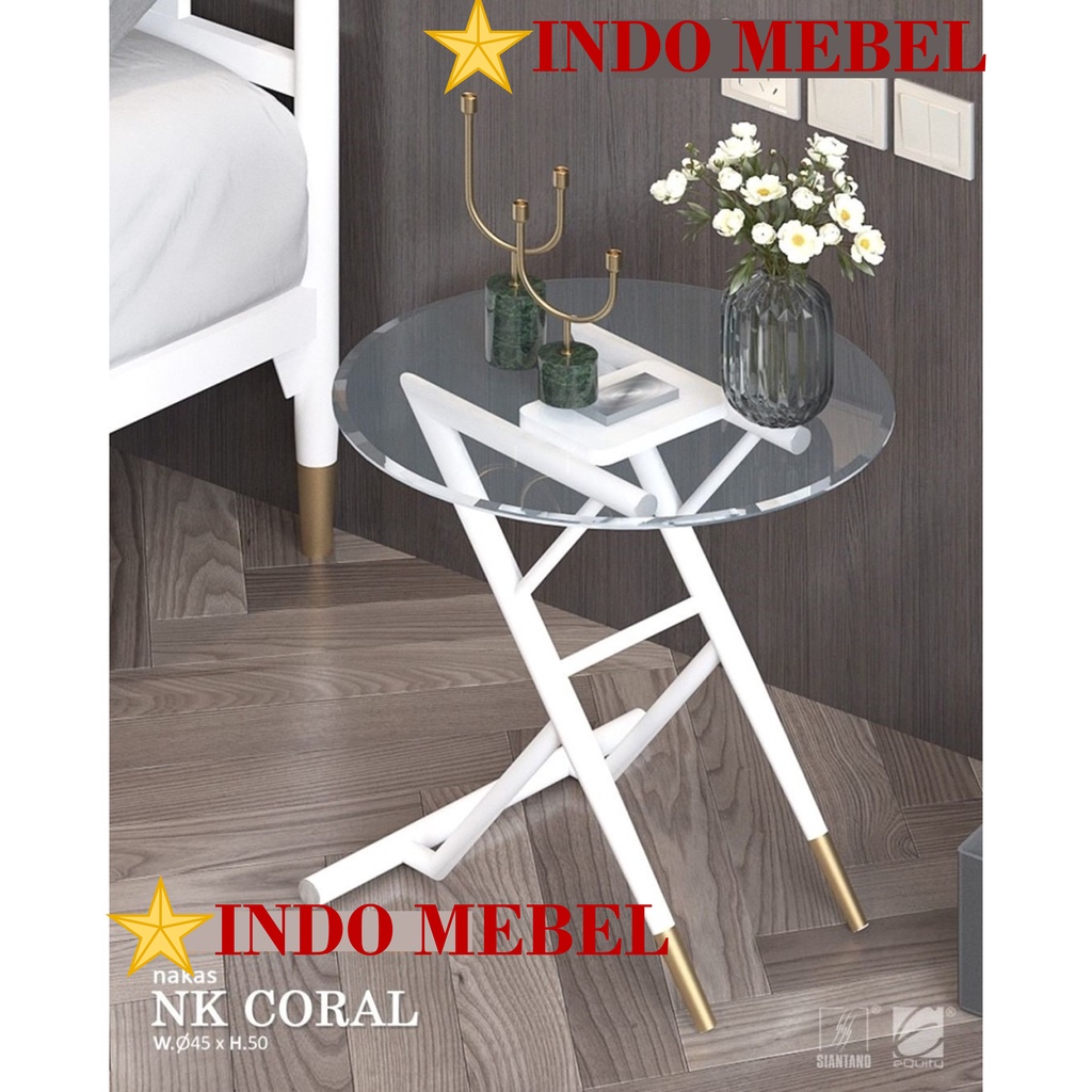 Nakas / Nakkas Meja Sudut / Bed Side Table Bulat NK Coral PUTIH READY MAKASSAR PROMO