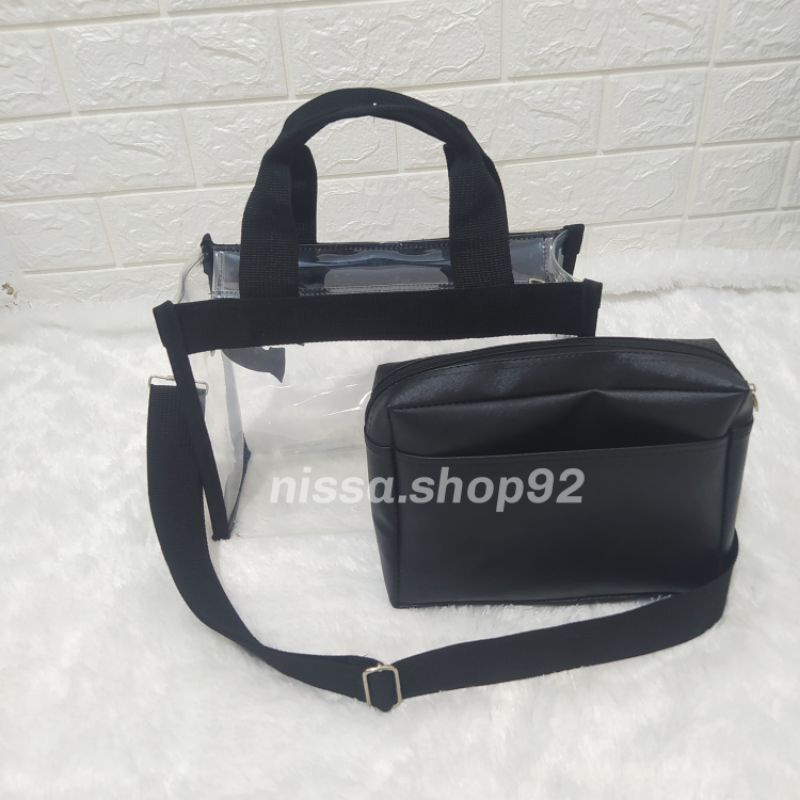 Tas tote bag resleting pvc transparan mica kanvas pouch/tas konser serbaguna