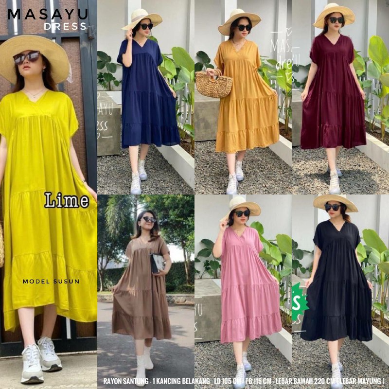 Dress Masayu Midi Wanita Kekinian Bahan Rayon Motif Polos Terbaru