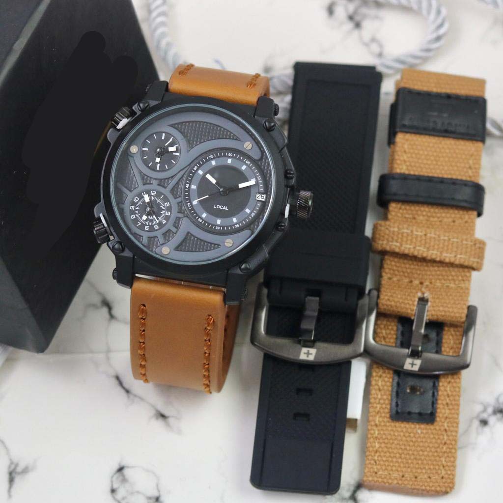 BEST SELLER JAM TANGAN SR PRIA O105 TALI KULIT TANGGAL AKTIF BODY BULAT DM 4.8CM FREE BOX TALI KANVAS TALI RUBBER &amp; BATERAI || JAM TANGAN FASHION PRIA JAM TANGAN COWOK MURAH