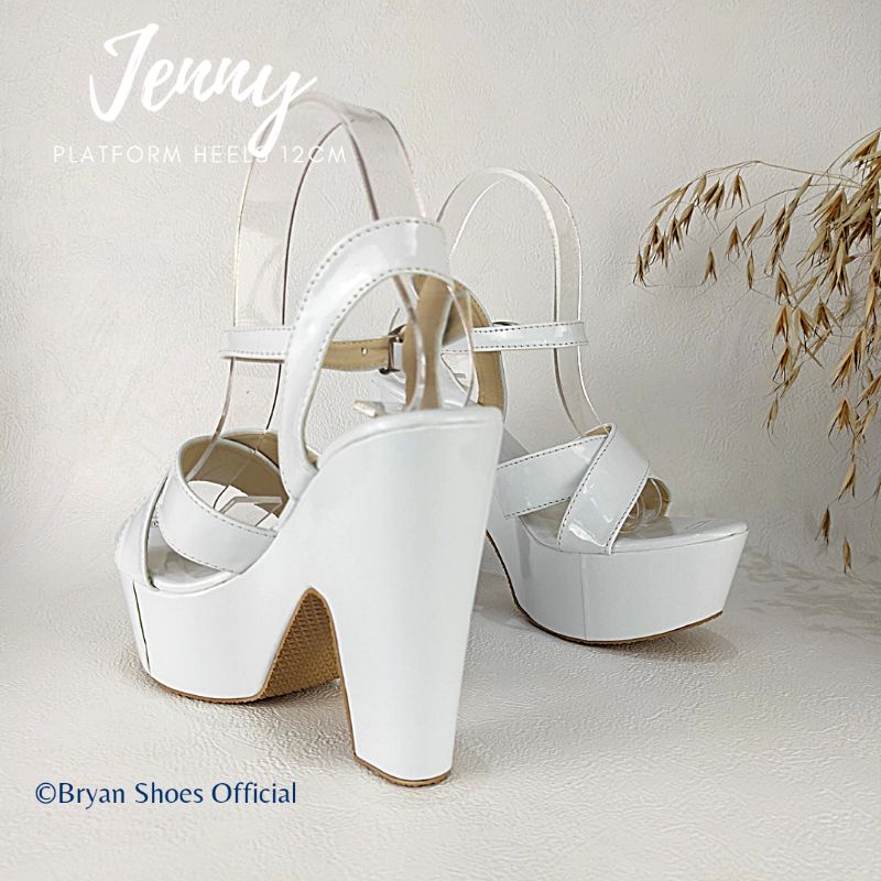 Bryan Jenny Glossy Platform Heels Silang 12cm Hak Tahu Kelom Berkualitas Sol Tebal