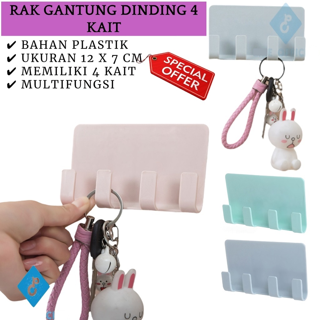 Gantungan Tempel Dinding 4 Kait Hook Bracket Holder Tempat Tempat Gantung Kunci Baju Dudukan Multifungsi Penggantung Sikat Gigi Tas Kunci Hape Handphone Cesan Kabel Charger Remot TV AC HP Jilbab Topi Kerudung ART56