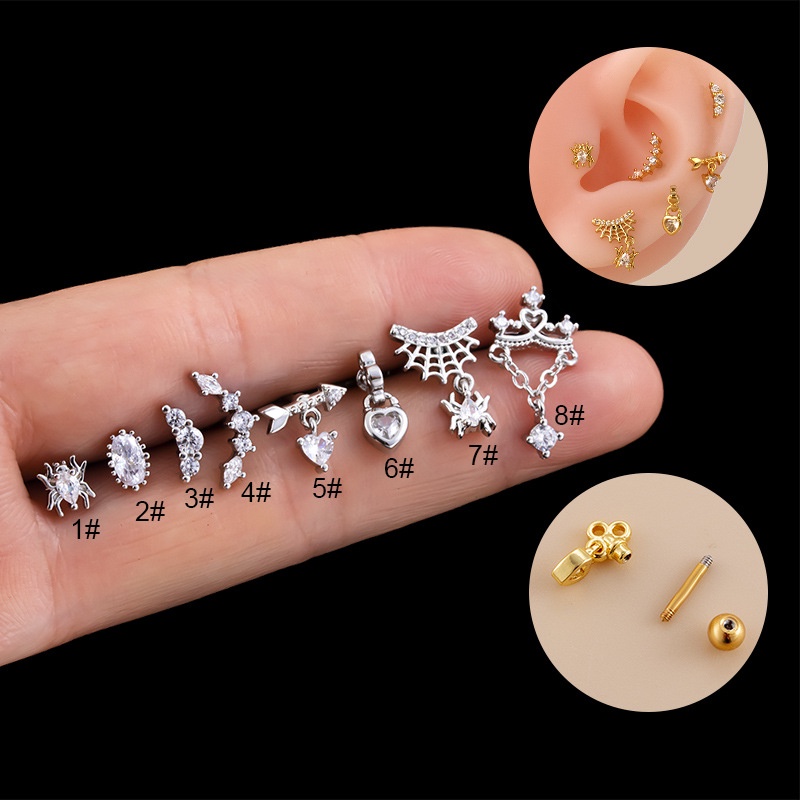 1biji Jaring Laba Laba-Laba Jantung Menjuntai Panah Gagak Bentuk Tulang Rawan Tragus Helix Pinna 16Gauge Piercing Barbel Stud Earrings