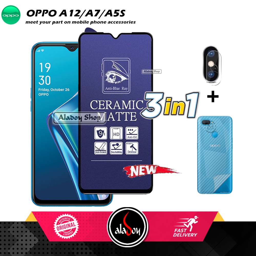 PAKET 3IN1 Anti Gores Blue Matte Anti Glare Oppo A12/A7/A5S + Tempered Glass Camera dan Skin Carbon