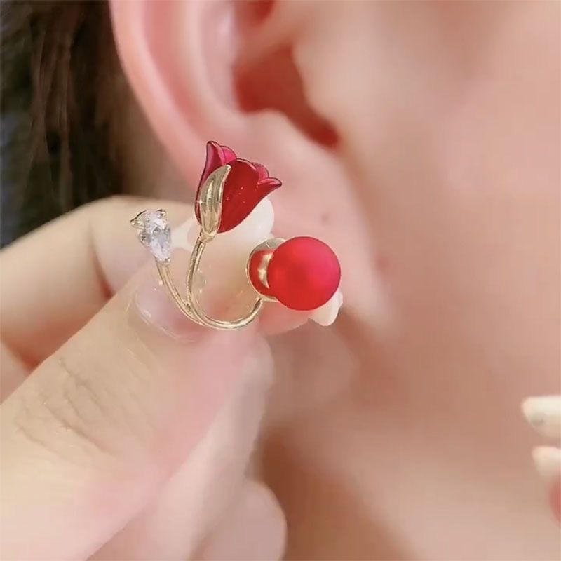 Anting Bentuk Bunga Mawar Merah Gaya Unik