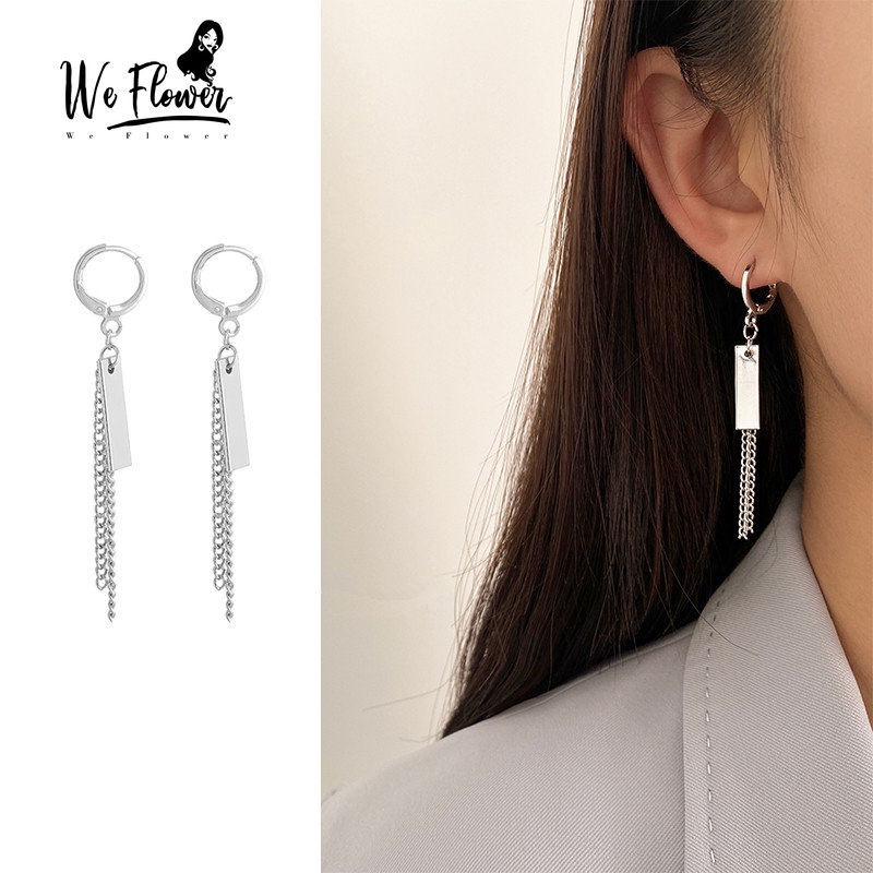 We Flower Anting Rantai Rumbai Panjang Bahan Logam Warna Silver Gaya Punk Untuk Wanita