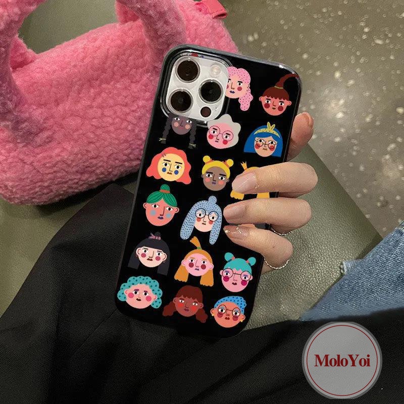 IPHONE Ins Fashion Kreatif Kartun Lucu Kartun Avatar Glossy Case Kompatibel Untuk Iphone12 11 13 14 Pro Max XR 7Plus 8plus7 8 14 Plus X XS Max SE 2020halus Lembut Tpu Hitam Penutup Belakang