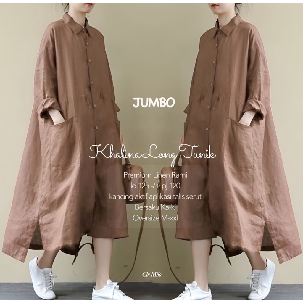 GAMIS STORE - Khalina Long Tunik Muslim Matt Linen Rami Jumbo OOTD Casual Daily Wanita Remaja