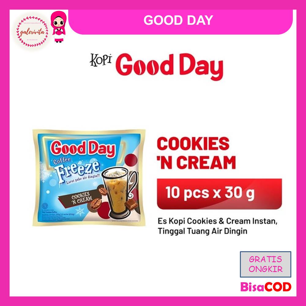 

Good Day Coffee Freeze Cookies And Cream 1 Renteng ( Isi 10 Pcs x 30 Gram )