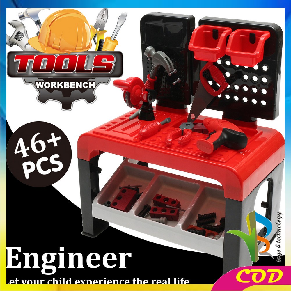 RB-M43 Mainan Anak Laki Laki Perkakas Alat Tukang Bangunan 46PCS Mainan Tool Set Bor Gergaji Palu