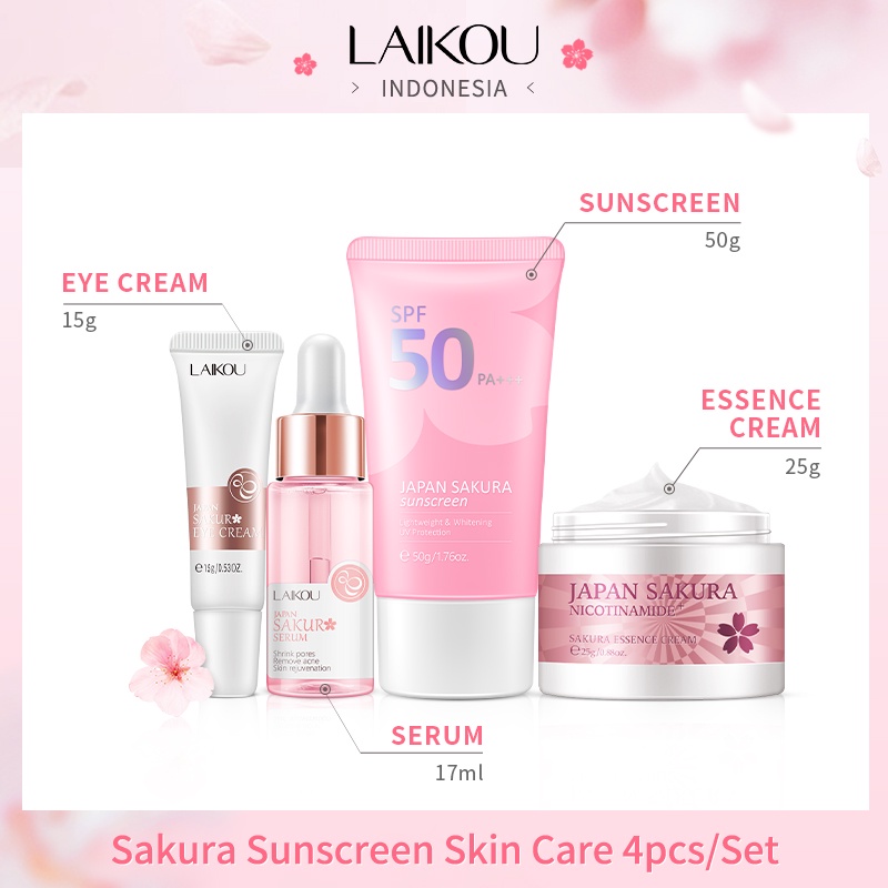 LAIKOU Sakura Memudarkan Noda Serum SPF50 Sunscreen Mencerahkan Mengurangi Kerutan Krim 4 pcs/Set