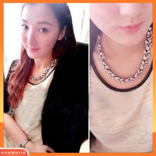 [WONE] Wanita Pesta Mewah Crowd Bening Berlian Imitasi Bunga Perunggu Choker Bib Kalung