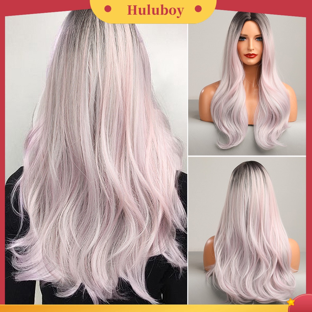 Wig Rambut Panjang Keriting Warna Gradasi Pink Emas Bahan Serat Suhu Tinggi Untuk Wanita