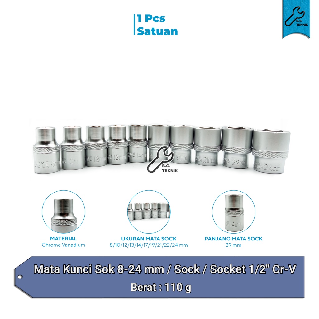 Mata Kunci Sok 8-24 mm / Sock / Socket 1/2&quot; Cr-V [SILVER PENDEK]