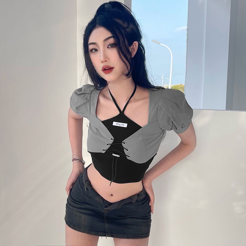 ▽✒✑Suhao 22 Musim Panas Baru Eropa dan Amerika Desain Manis dan Keren Gaya Rompi Kamisol Wanita Keren Gadis Slim T-shirt dua Potong Tren