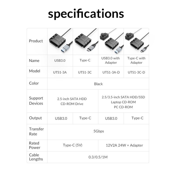 Type-c to sata 3.0 2.5&quot; ssd hdd 22 pin cable orico 30cm 5Gbps with pd adapter uts1-3c-03 - Kabel Usb-c to 2.5 inch sata3.0 7+15 pin