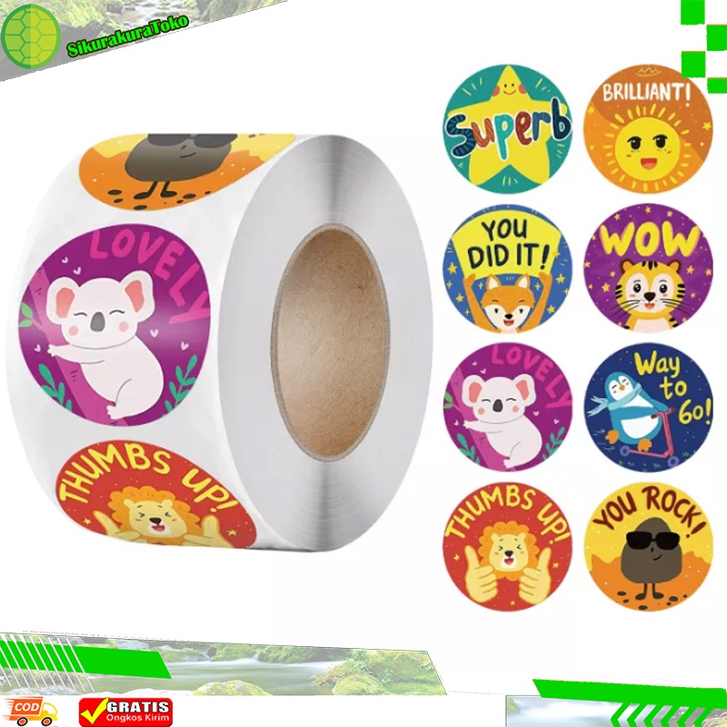 (NCS) Isi 500 PCS Stiker Reward Bulat 1 Roll Label Sticker Motivasi Anak Kids Rewards Compliment Unicorn Isolasi Rol