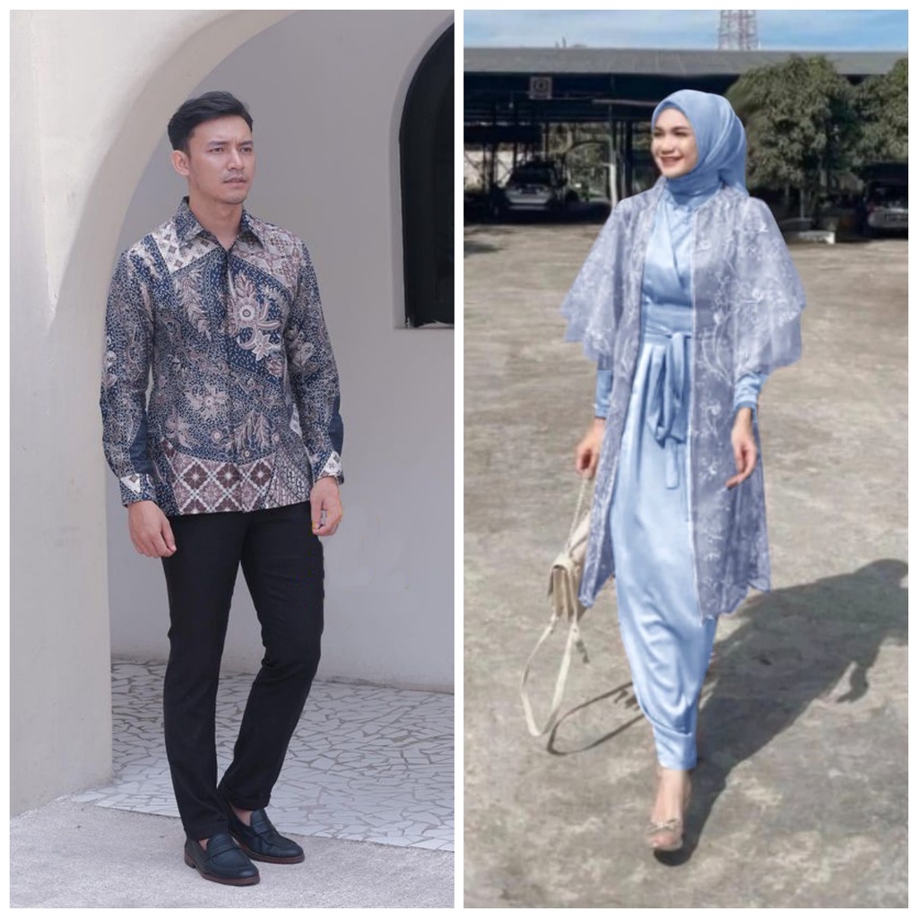 SHOPASHOP SOLO Batik Couple Dress Raya Kimono belt &amp; outer tulle mutiara Kombinasi Kemeja batik Lengan panjang