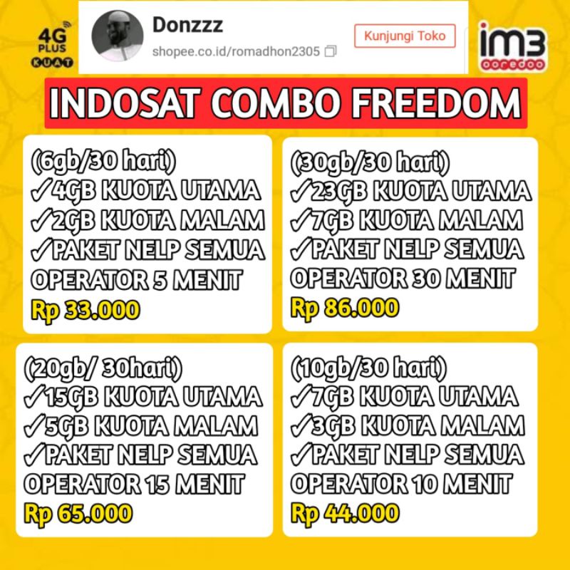 PAKET DATA/KUOTA INJECT INDOSAT/IM3 (COMBO FREEDOM)