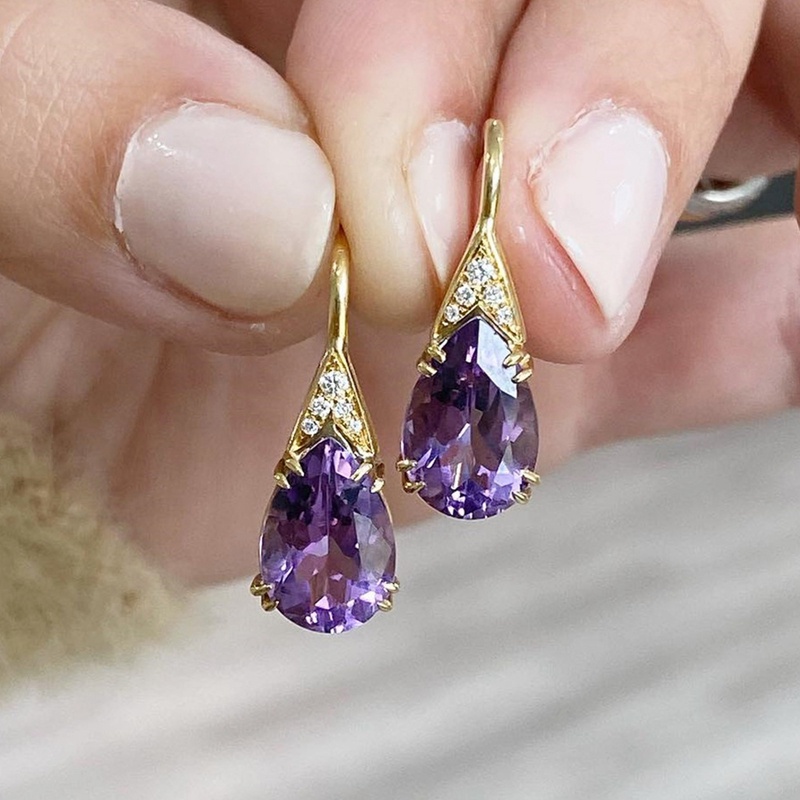 Anting Menjuntai Bentuk Tetesan Air Ungu Cubic Zirconia Untuk Wanita Temperamental Elegan Ladies Perhiasan Aksesoris Telinga