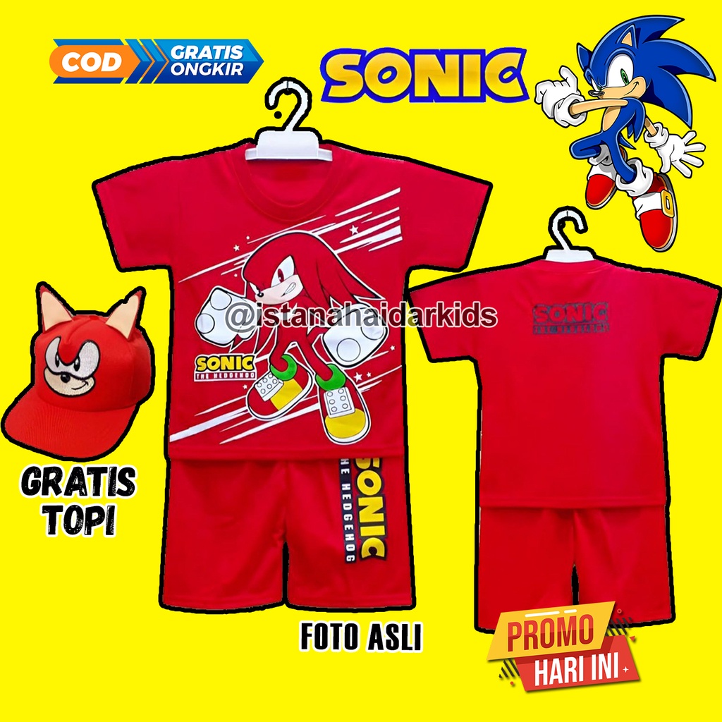 SETELAN SONIC ANAK LAKI LAKI GRATIS TOPI WARNA MERAH / BAJU SONIC YOUTH ANAK LAKI LAKI SETELAN PEREM
