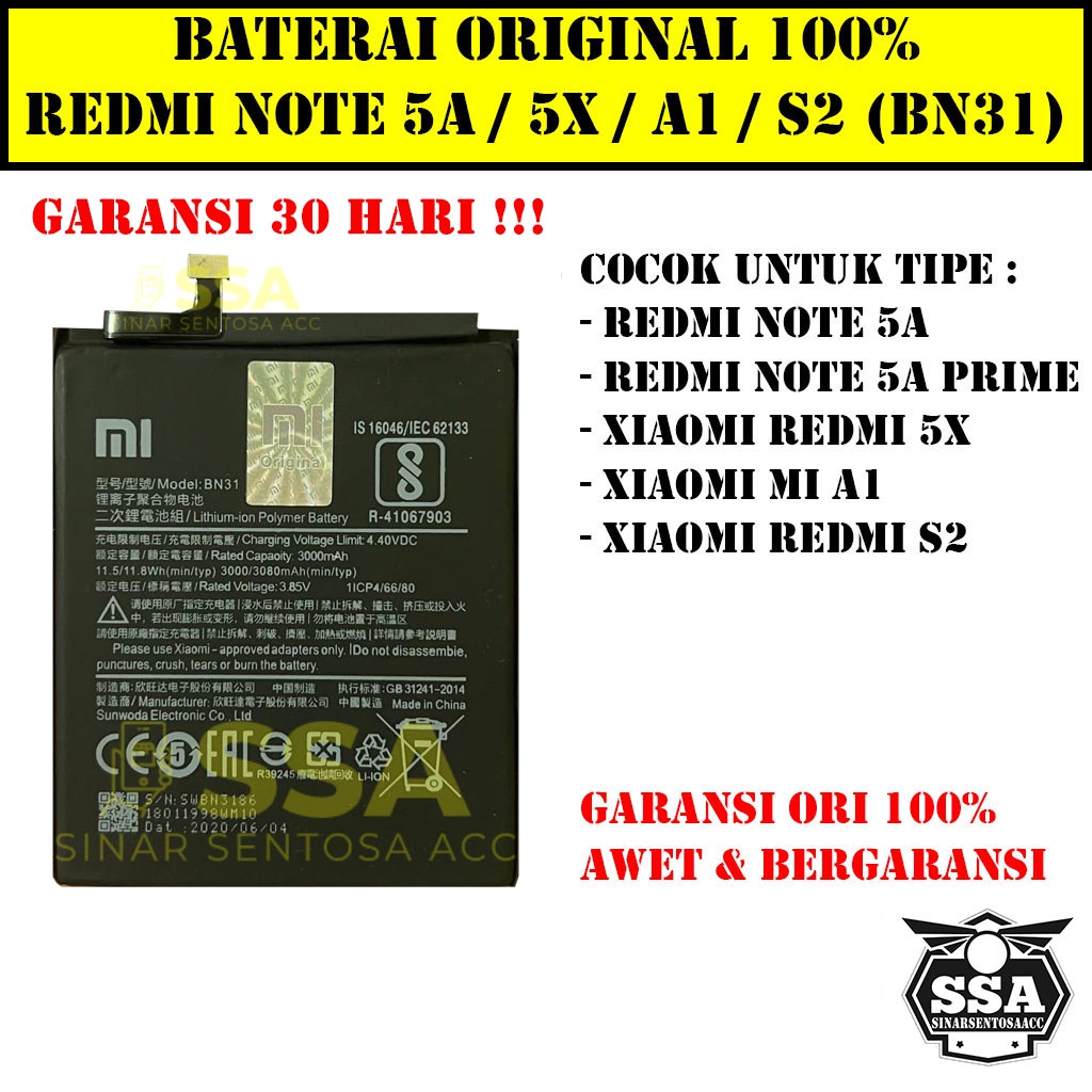 Baterai Original 100% Xiaomi Redmi Note 5a Prime Mi 5x Mi A1 Redmi S2 BN31 Batre Batrai BN 31 ORI HP