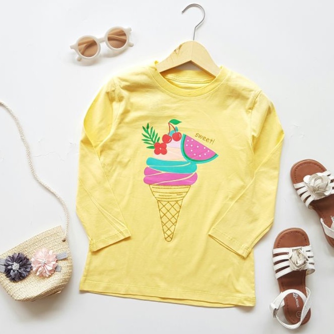 Kaos Anak Lengan Panjang Kuning Motif Ice Cream