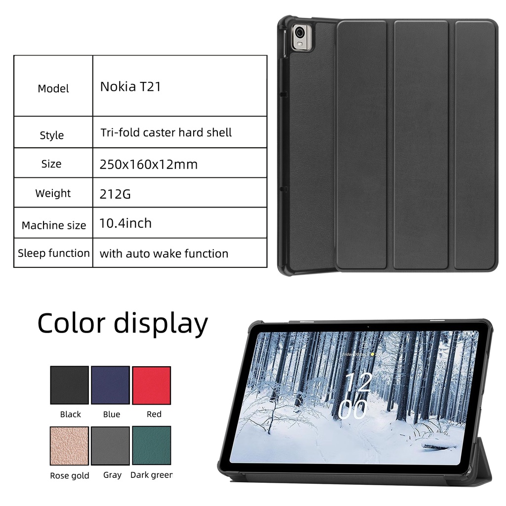 Untuk Nokia T21 (2022) 10.4 &quot;TA-1495 TA-1521 TA-1505 TA-1487 Tablet Perlindungan Case Fashion Tri-fold Custer Flip Stand Casing Kualitas Tinggi Warna Solid Holder PU Leather Cover