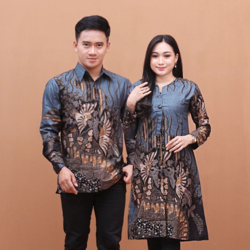 TUNIK BATIK COUPLE MODERN Set Dress Baju Batik Couple Pasangan Pipit Abu