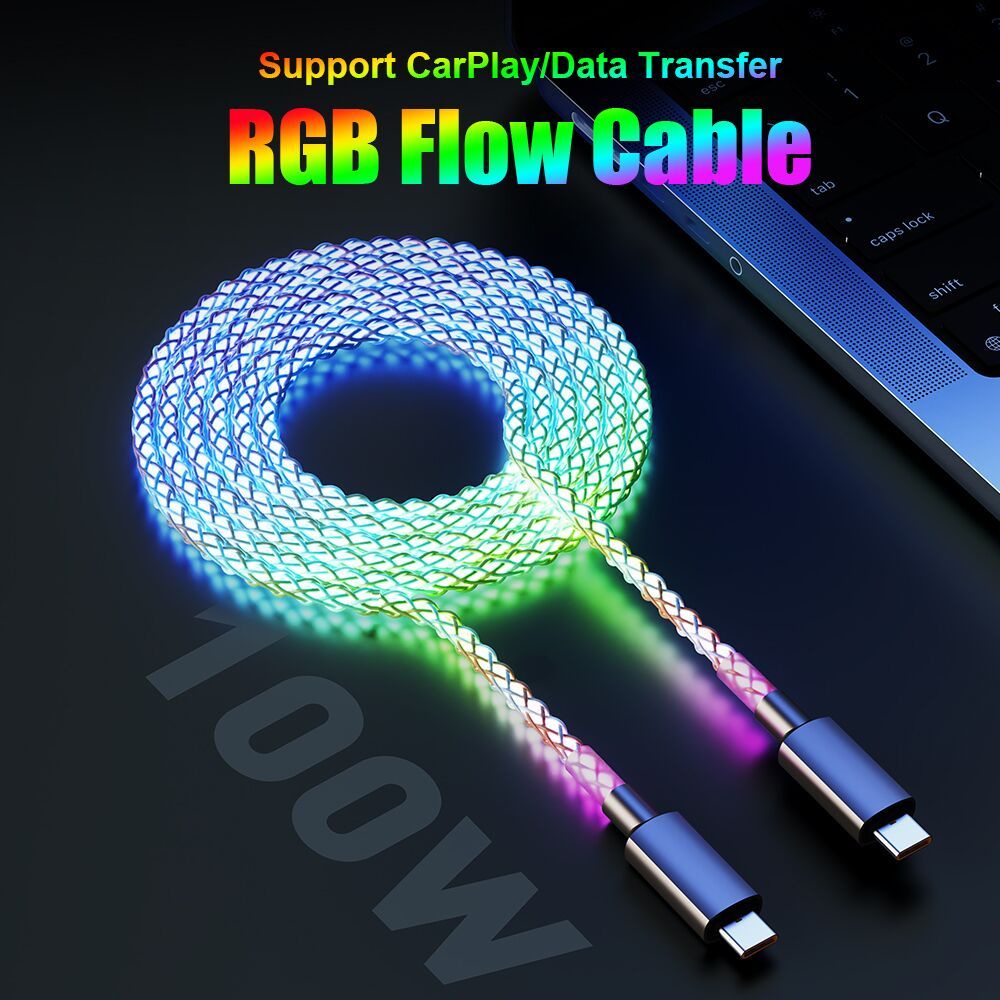 1000w Breathing Light Fast Charging RGB PD Cable 27W Tipe C Ke Tipe C Kabel Data Untuk i-Phone S-amsung Quick Charge Cabled