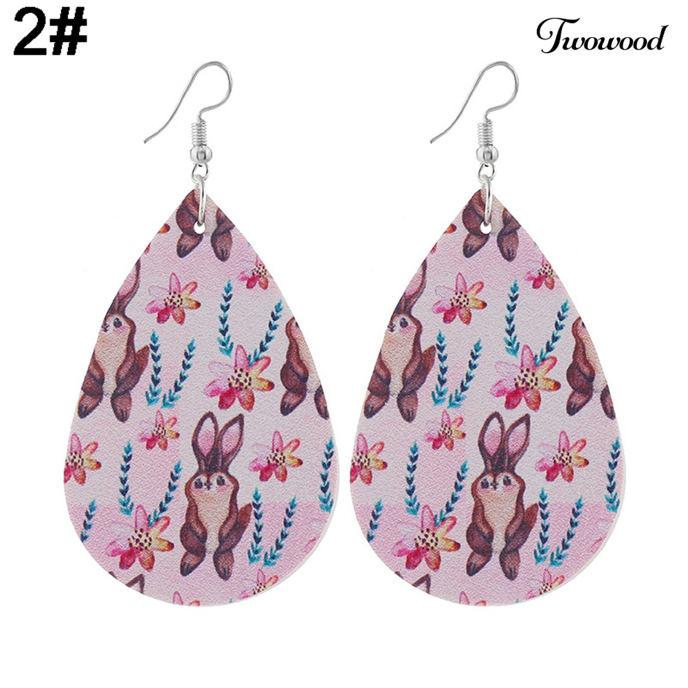 Twowood Wanita Easter Bunny Telur Teardrop Menjuntai Kulit Imitasi Kait Anting Perhiasan Hadiah