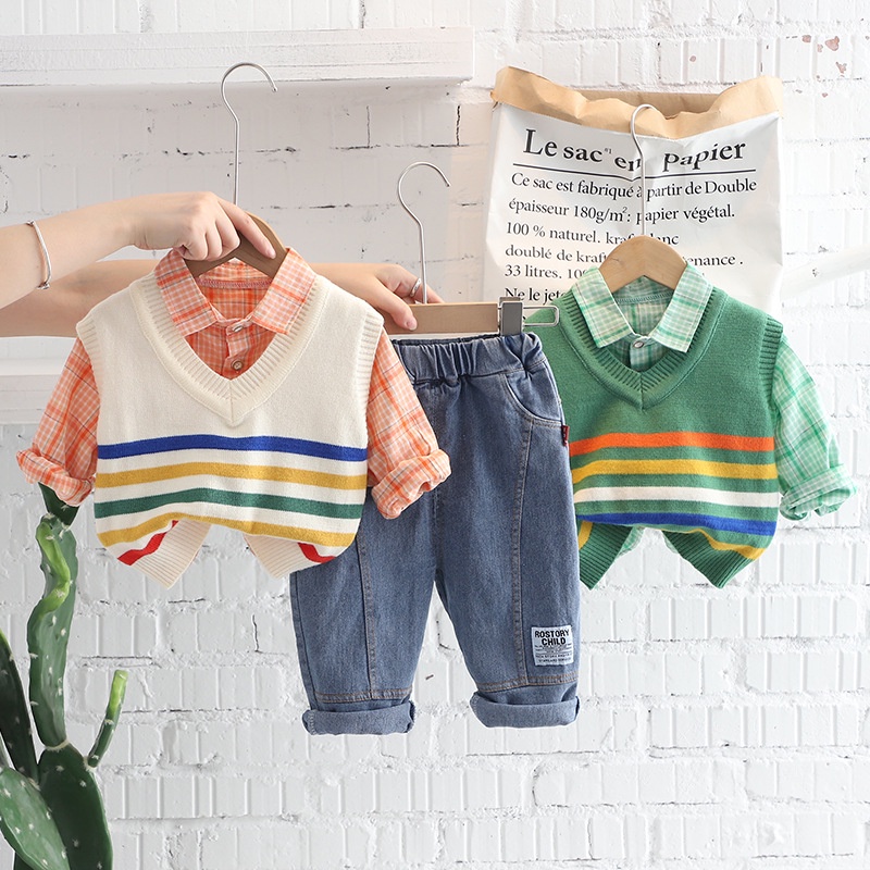 Setelan Anak Laki Laki PATRICK Baju Fashion Kemeja Cardigan Celana Jeans Set 3in1 Korean Style Import